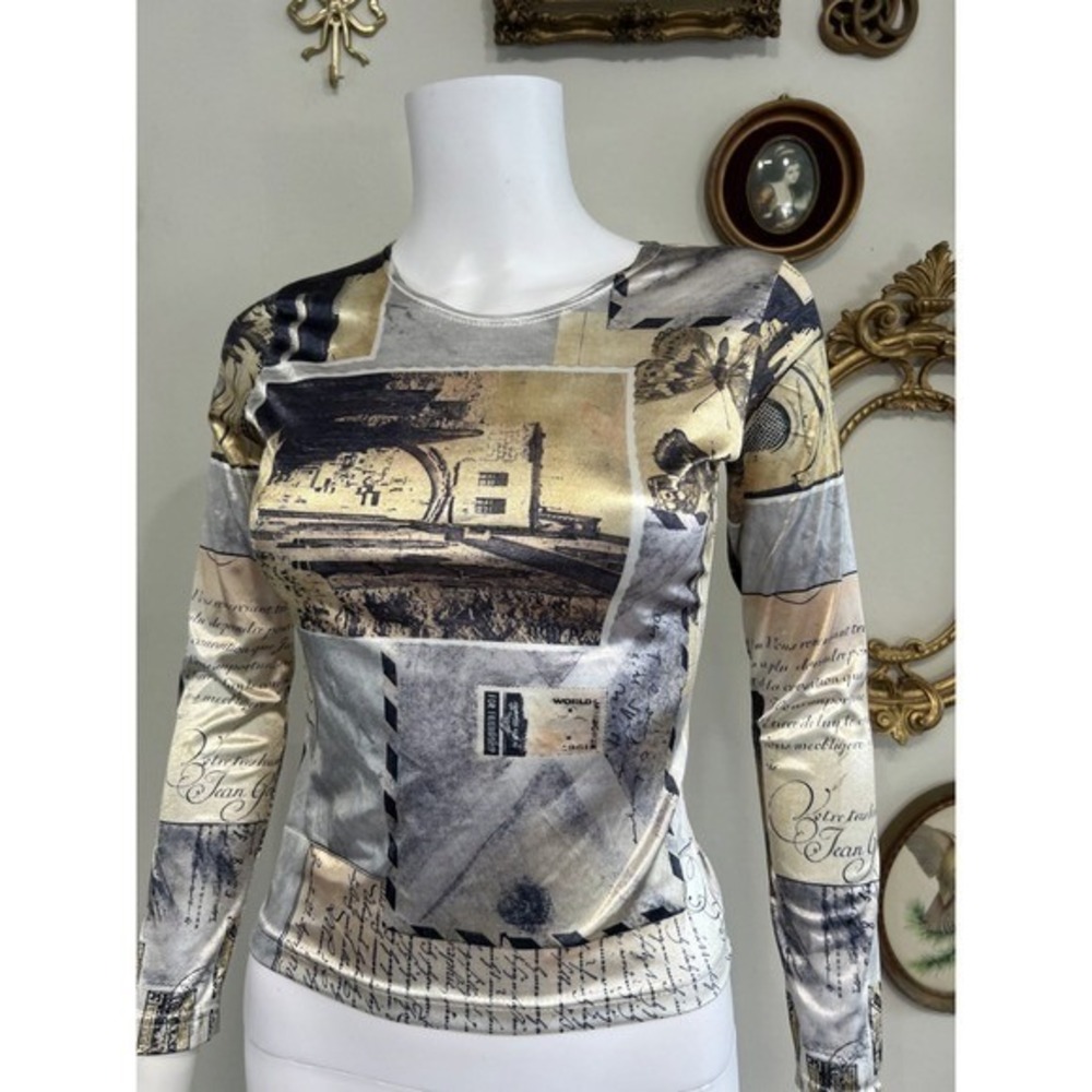 Vintage Y2K Cheryl Creations Postcard Newspaper Print Satin Long Sleeve Top S